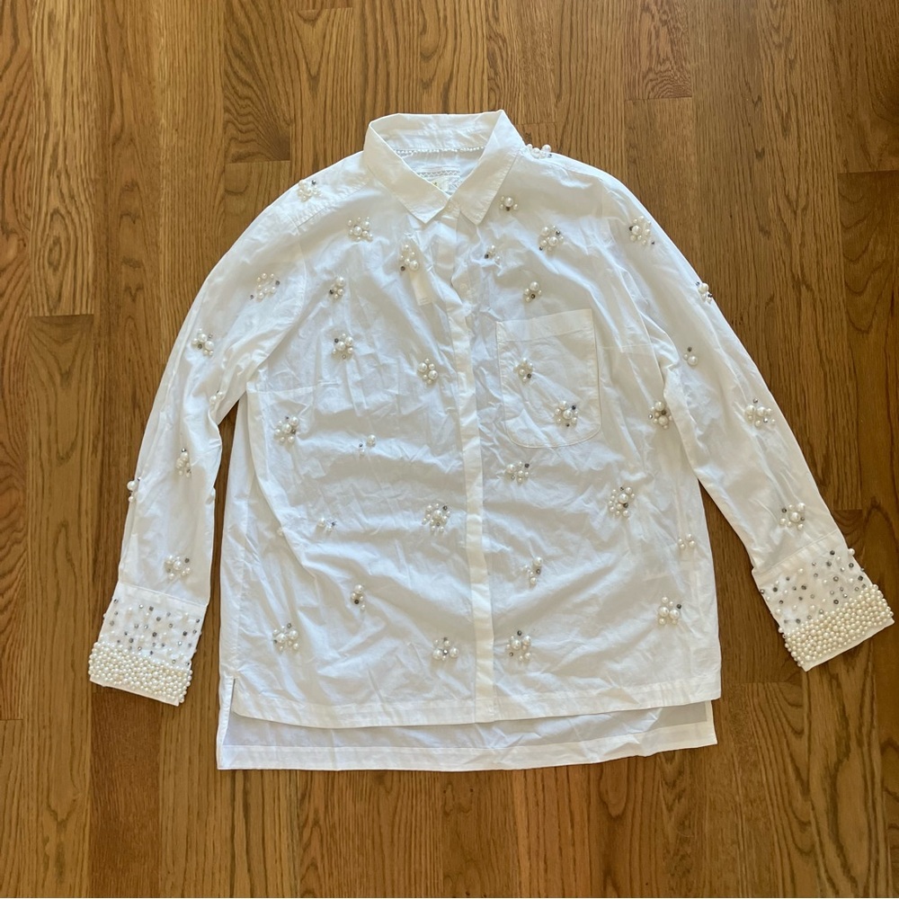 NWT Maeve Anthropologie Shirt Women's Large Bennet Pearl Embellished White - Picture 2 of 11